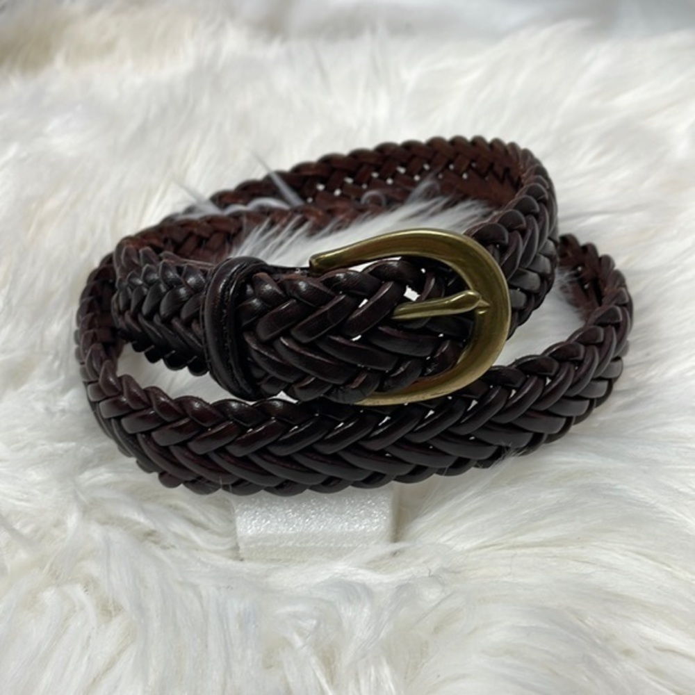Brown Woven Leather Belt with Brass Buckle, Size 32